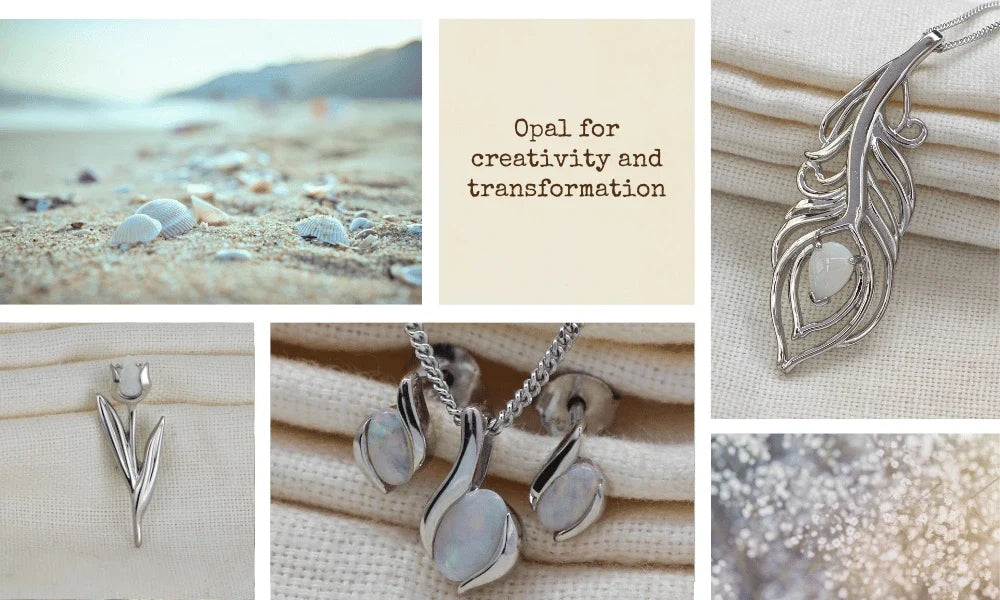 Natural scenes the wording Opal for creativity and transformation, peackock feather opal eye necklace, tulip flower brooch, opal set jewellery and white flowers