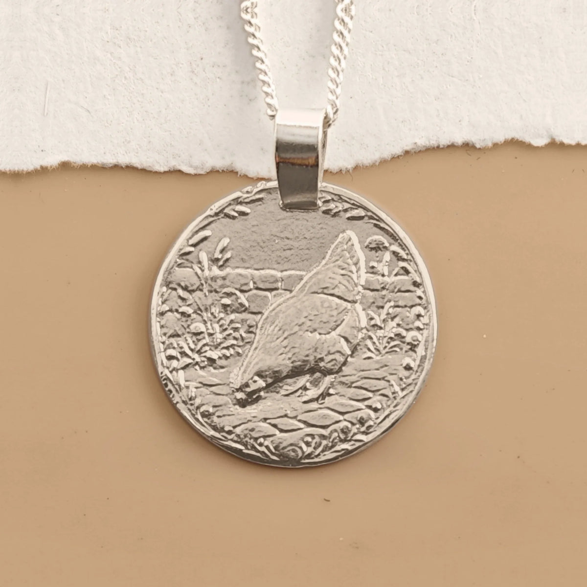 Chicken sterling silver engraved coin pendant