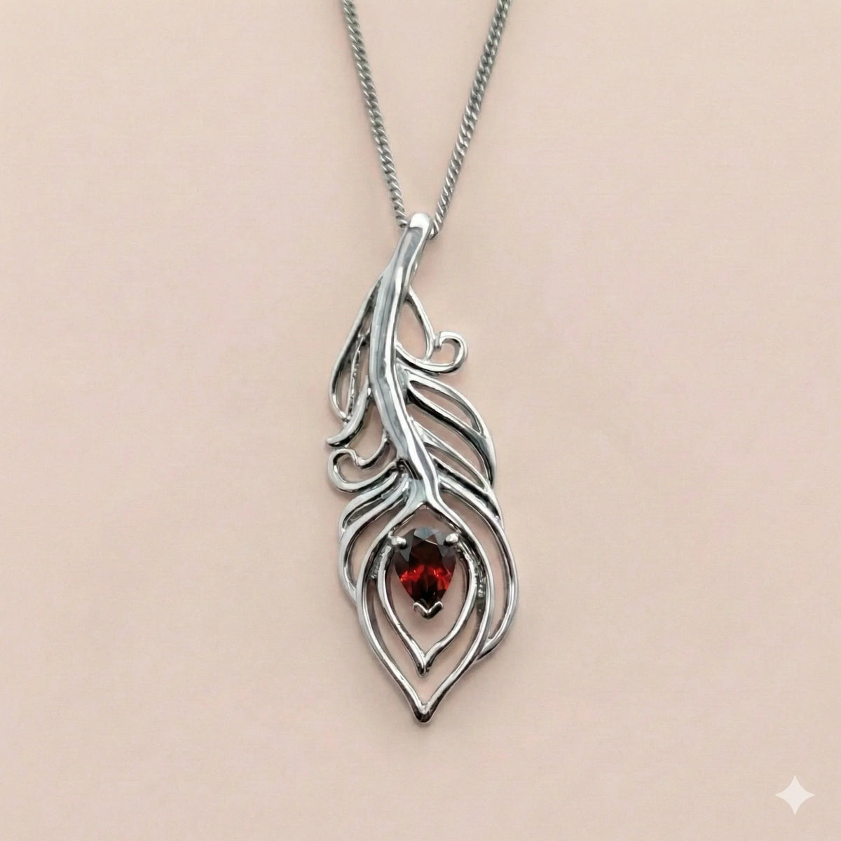 Garnet Set Peacock Feather Pendant Necklace in Sterling Silver