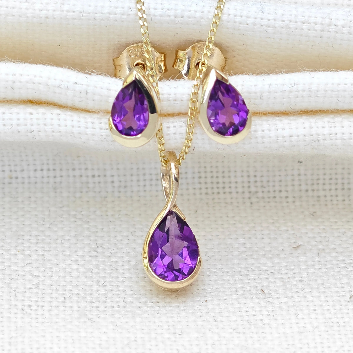 9ct Yellow Gold Amethyst jewellery – necklaces, rings, earrings – designed in the UK