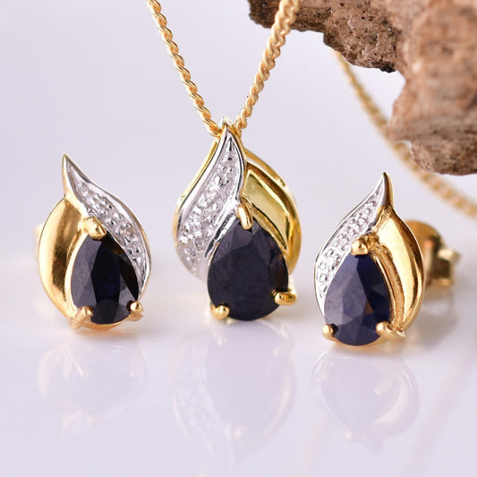 Sapphire Diamond Necklace Earrings Silver Set Gold Plate Inky Blue Sapphire