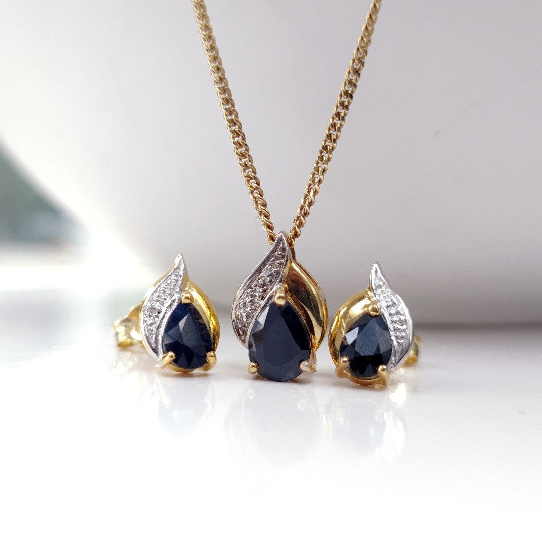 Sapphire Diamond Necklace Earrings Silver Set Gold Plate Inky Blue Sapphire
