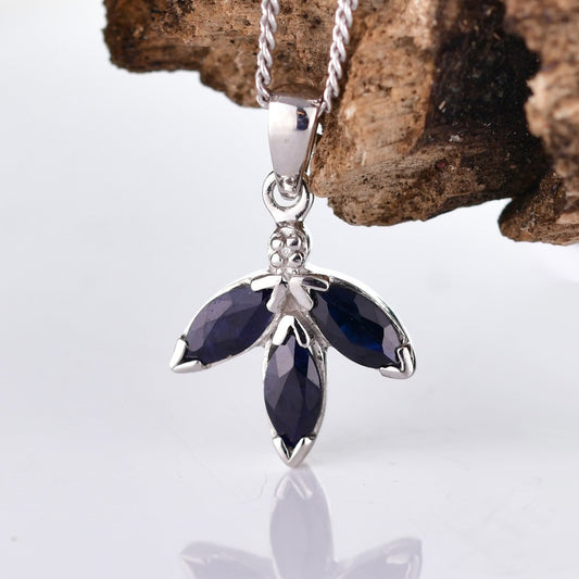 Sapphire Diamond Necklace Blue 1 ct Marquise 18'' Chain Rhodium Plated Silver 925