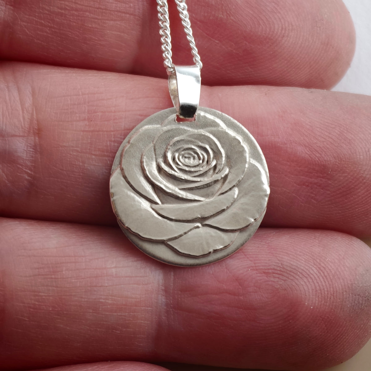 Rose Coin Necklace – Deep Engraved Recycled Sterling Silver