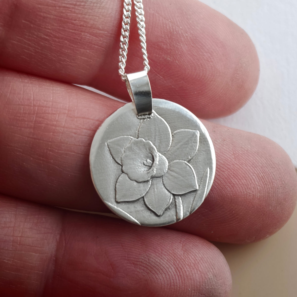 Daffodil Coin Necklace – Deep Engraved Recycled Sterling Silver