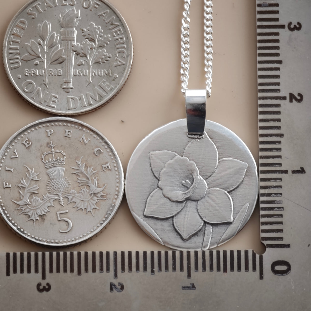 Daffodil Coin Necklace – Deep Engraved Recycled Sterling Silver