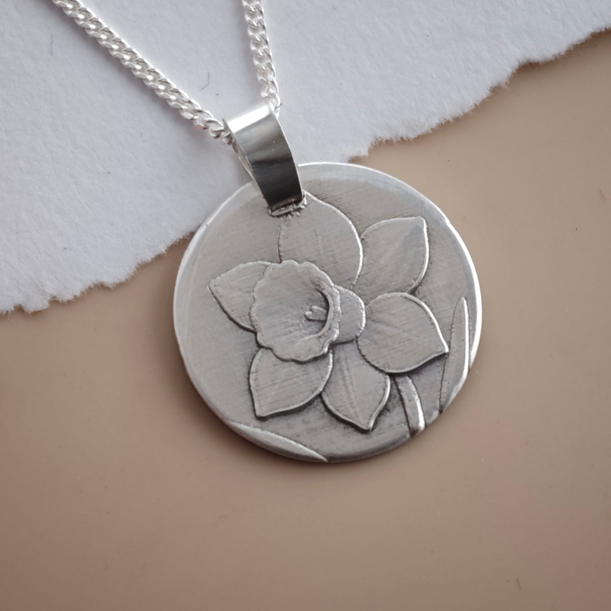 Daffodil Coin Necklace – Deep Engraved Recycled Sterling Silver