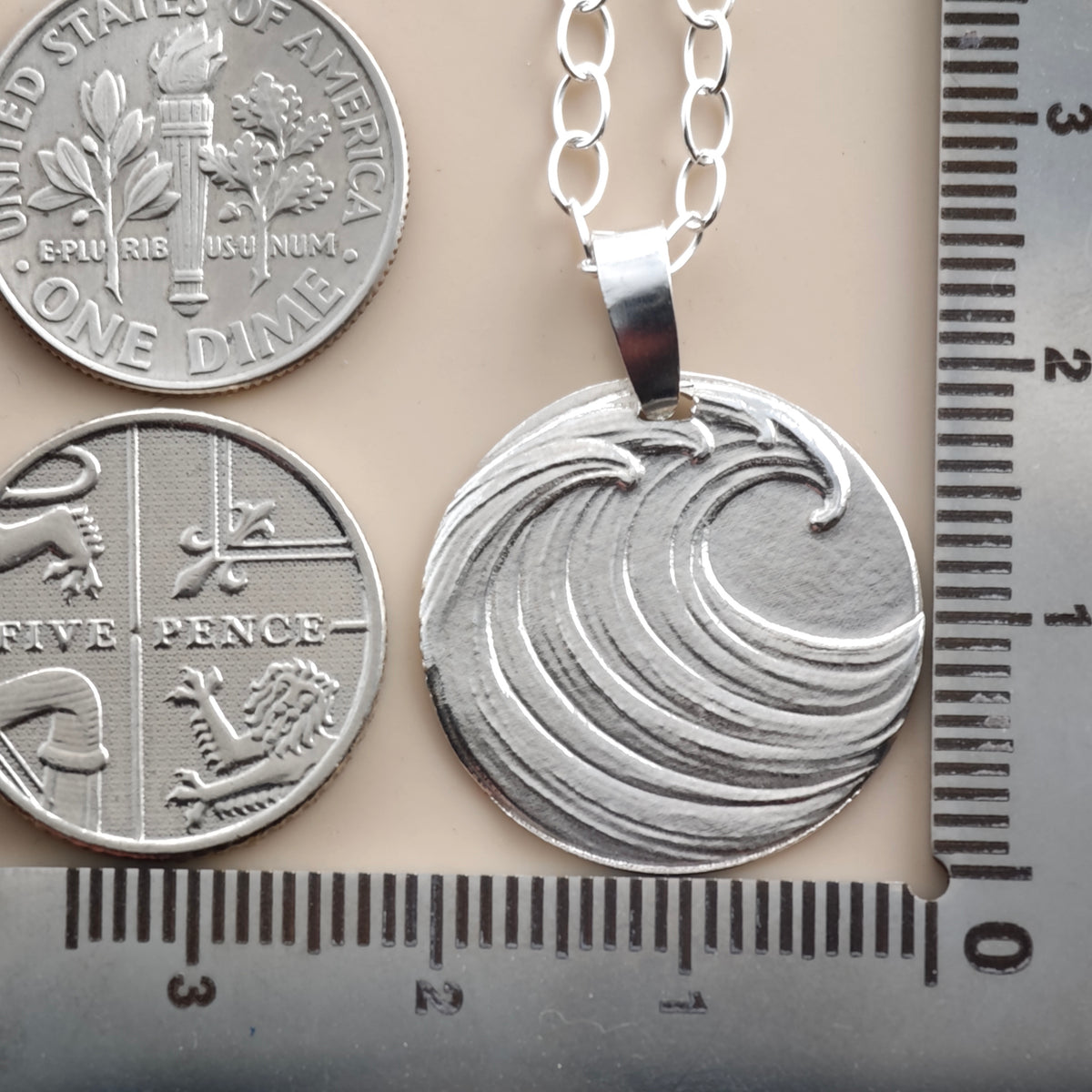 Wave Coin Necklace – Deep Engraved Recycled Sterling Silver