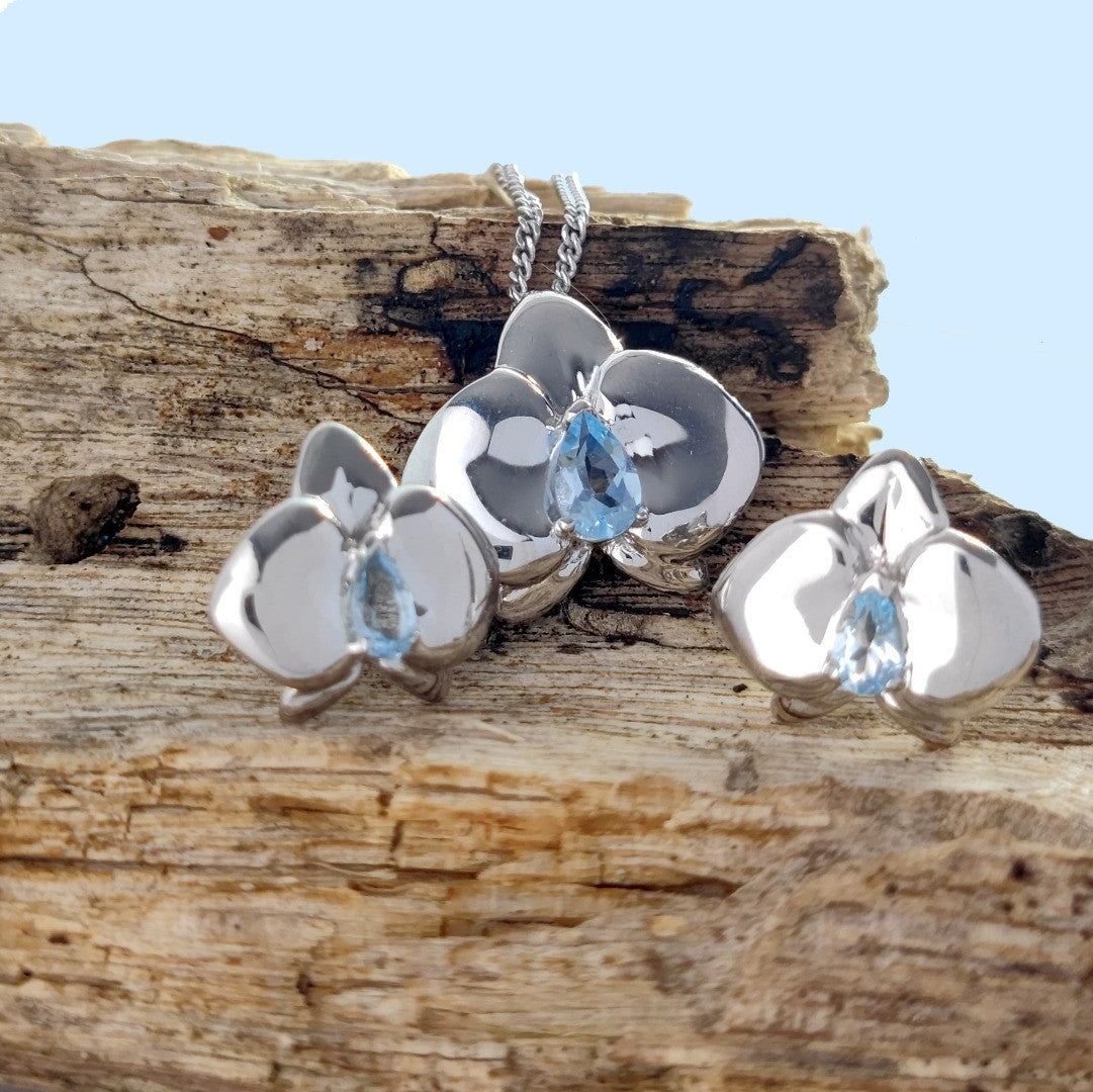 Topaz Necklace Earring Set Silver Orchid Pendant 1ct December Birthstone
