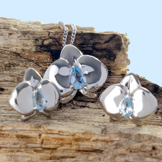 Topaz Necklace Earring Set Silver Orchid Pendant 1ct December Birthstone