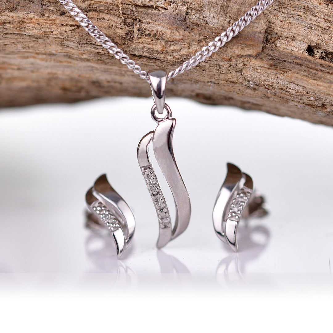 Diamond Necklace Earring Set Silver Wave 18'' April Birthstone