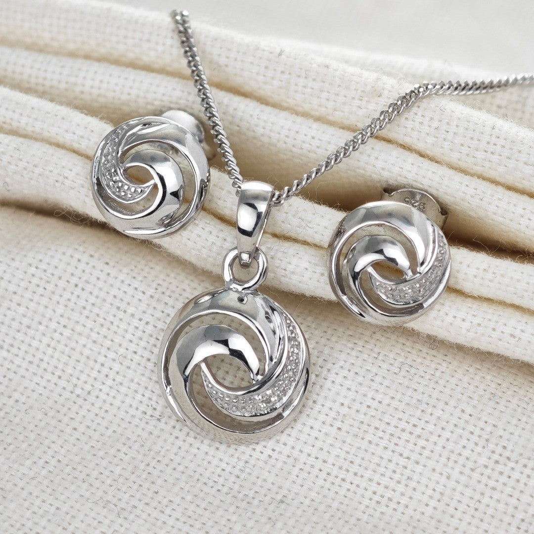 Diamond Necklace Earring Set Swirl Silver 18'' Chain April Birthstone