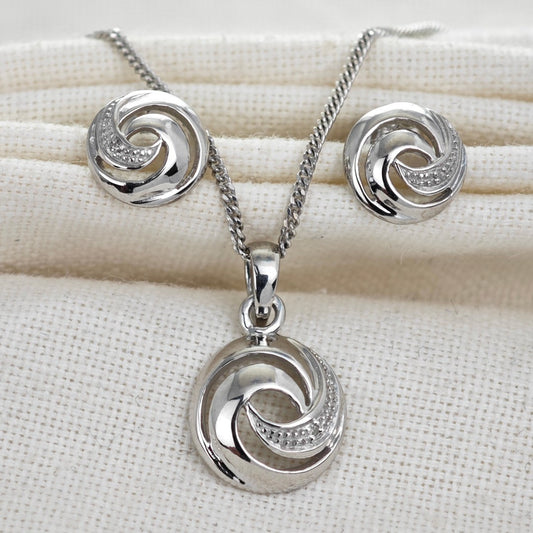 Diamond Necklace Earring Set Swirl Silver 18'' Chain April Birthstone
