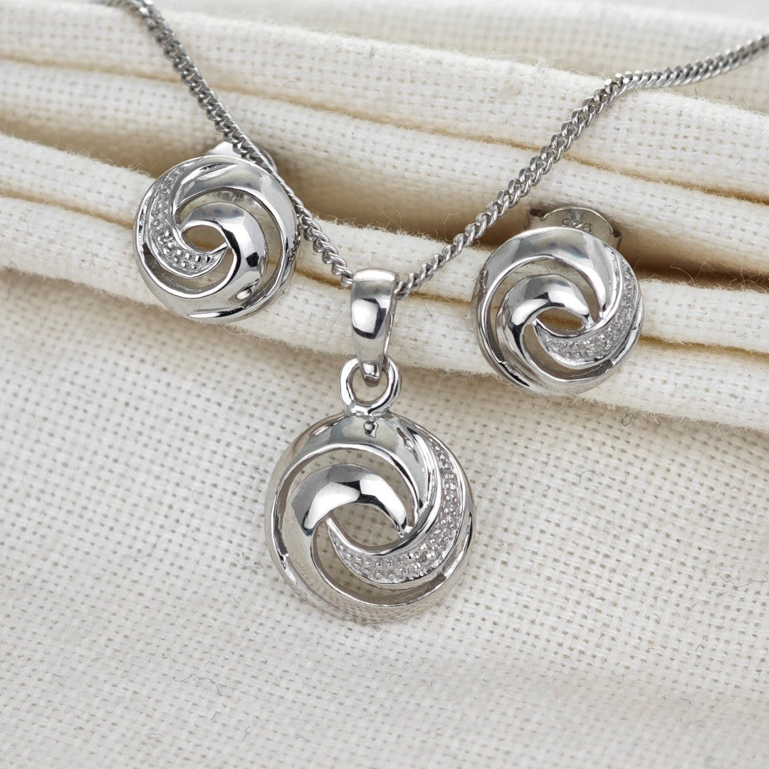 Diamond Necklace Earring Set Swirl Silver 18'' Chain April Birthstone