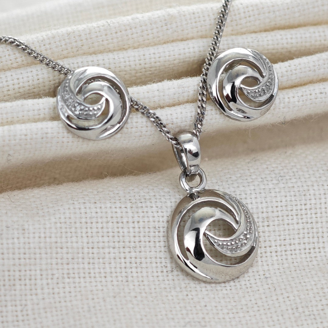 Diamond Necklace Earring Set Swirl Silver 18'' Chain April Birthstone