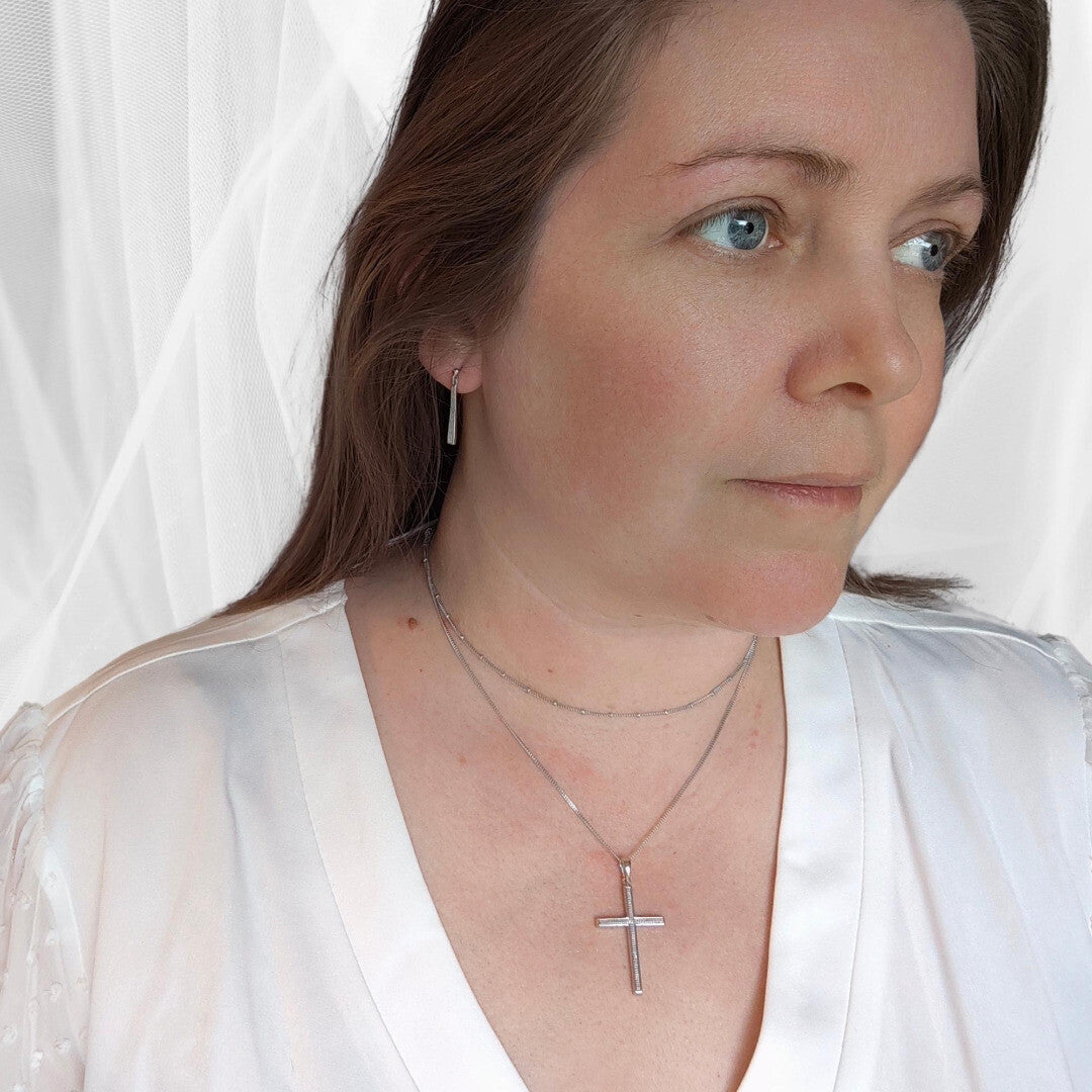 Diamond Cross Necklace Dangle Earring Set April Birthstone