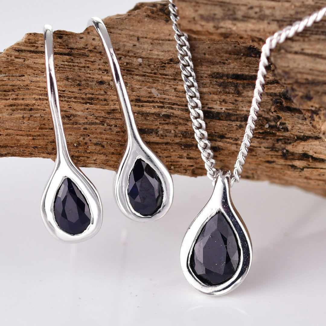 Sapphire Necklace Earring Set 1.1ct Pear Blue Pendant Silver September Birthstone