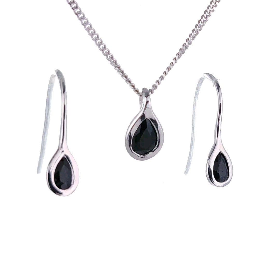 sapphire necklace earring set 1.1ct pear blue pendant silver september birthstone designed in the UK