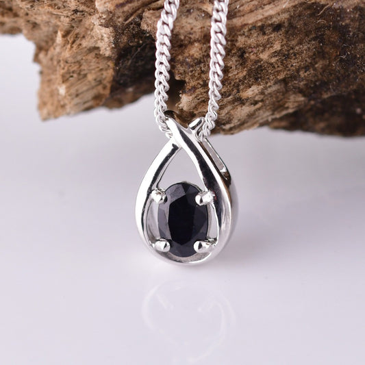 Sapphire Necklace 0.6ct Pear Blue Twist Pendant Silver September Birthstone