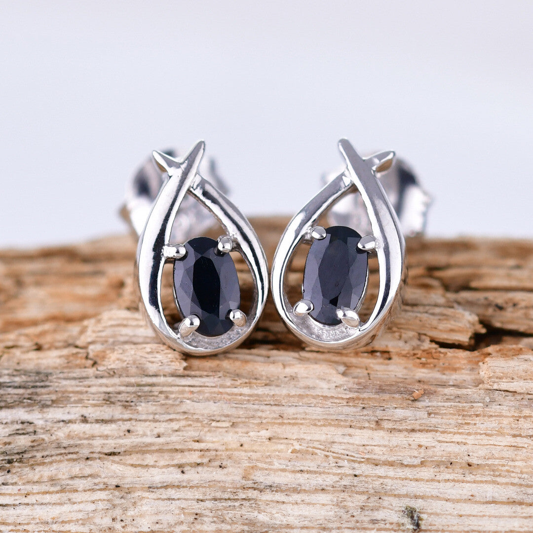 Sapphire Earrings 0.7ct Pear Blue Twist Studs Sterling Silver September Birthstone