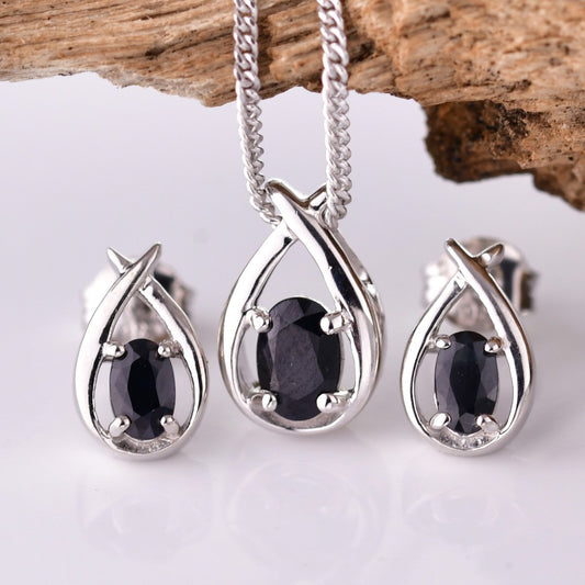 Sapphire Necklace Earring Set 1.3ct Pear Blue Twist Sterling Silver September Birthstone