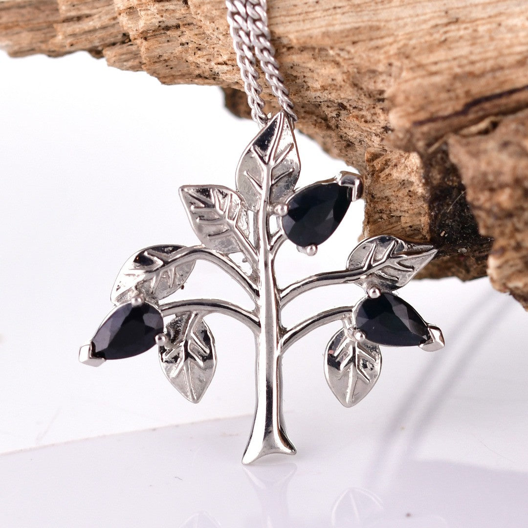 Sapphire Necklace 1.05ct Pear Blue Tree of Life Pendant Sterling Silver