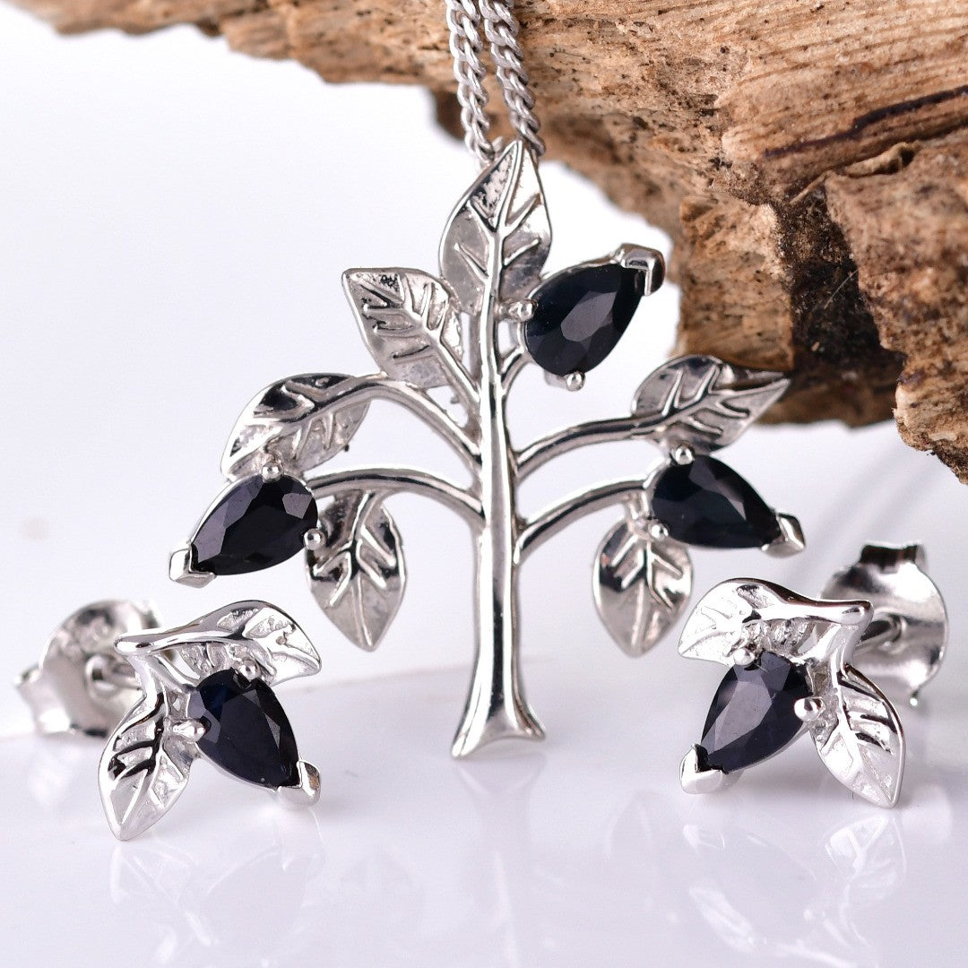 Sapphire Necklace Earring Set 1.75ct Blue Tree of Life Leaves Silver December Birthstone