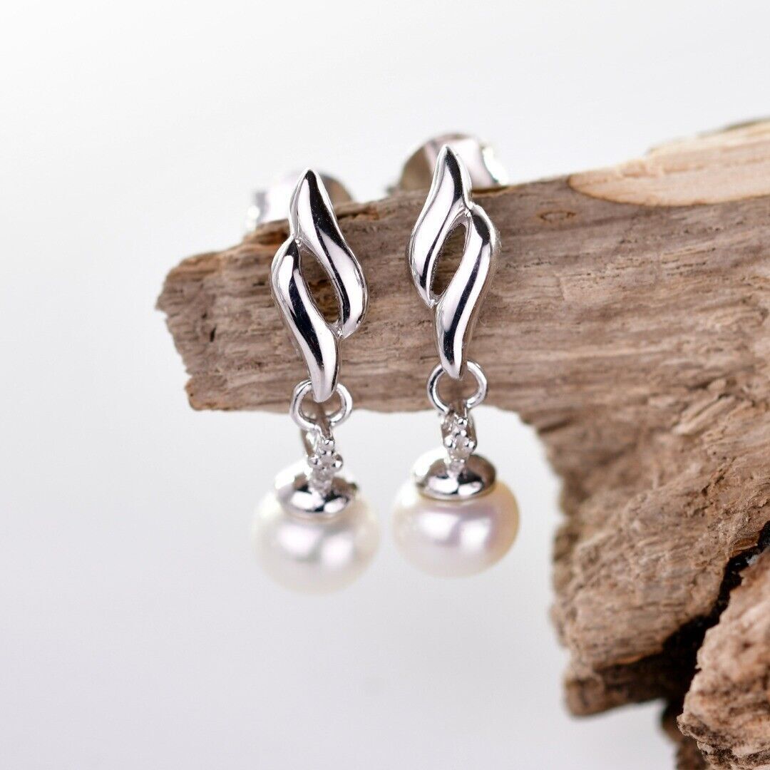 Pearl Diamond Earrings Dangle Stud Sterling Silver