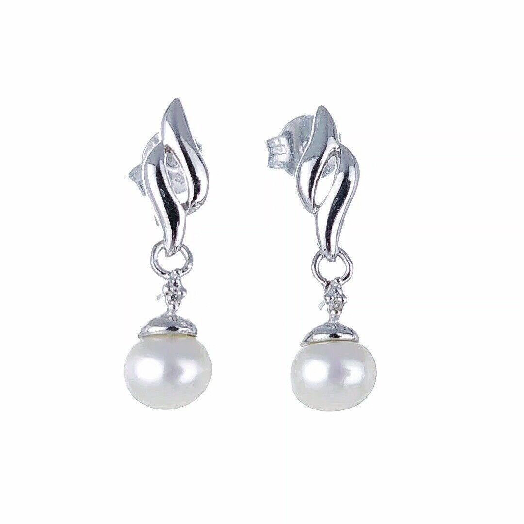 Pearl Diamond Earrings Dangle Stud Sterling Silver