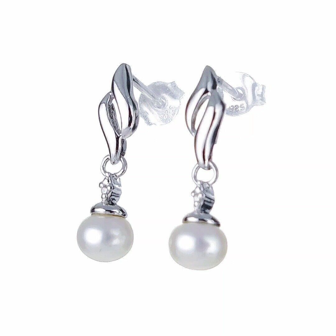 Pearl Diamond Earrings Dangle Stud Sterling Silver