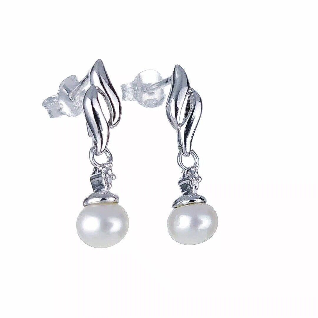 Pearl Diamond Earrings Dangle Stud Sterling Silver