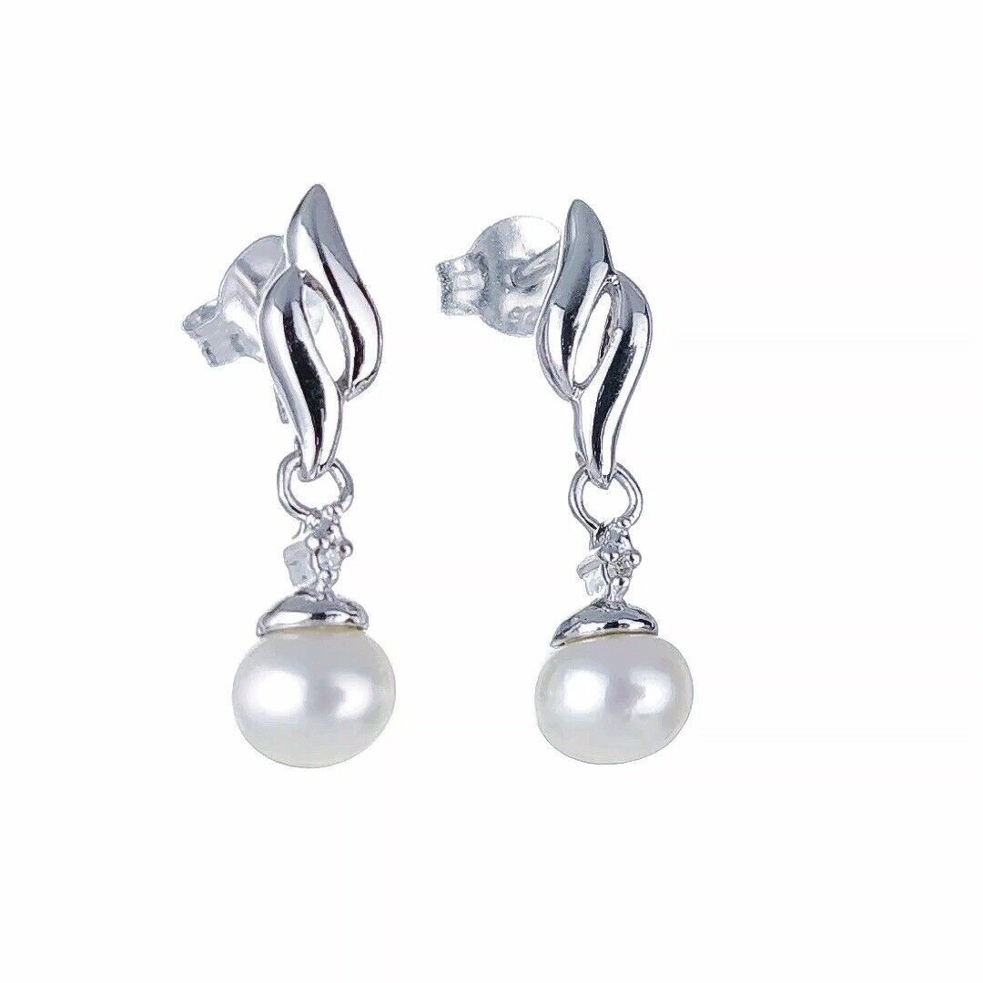 Pearl Diamond Earrings Dangle Stud Sterling Silver