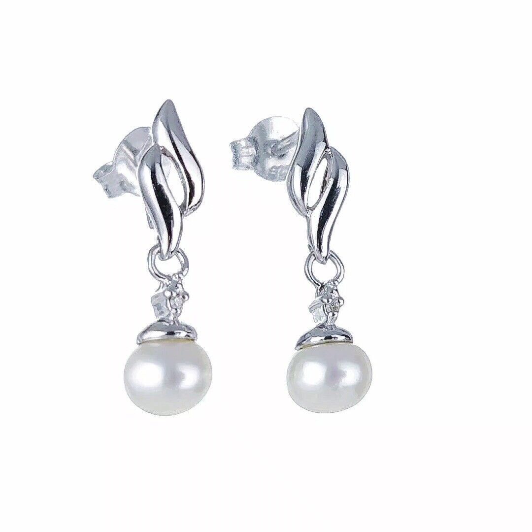 Pearl Diamond Earrings Dangle Stud Sterling Silver
