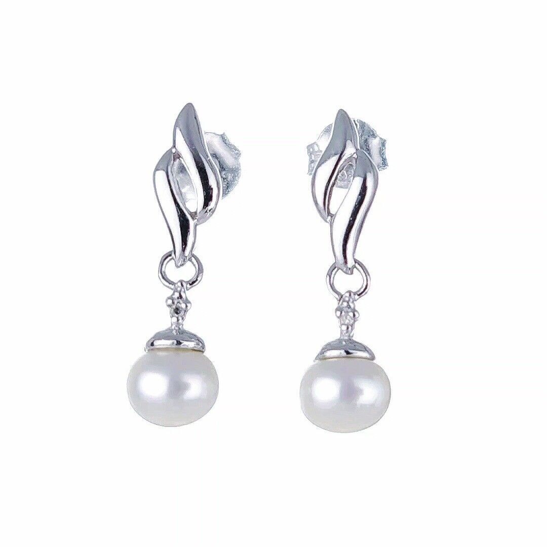 Pearl Diamond Earrings Dangle Stud Sterling Silver