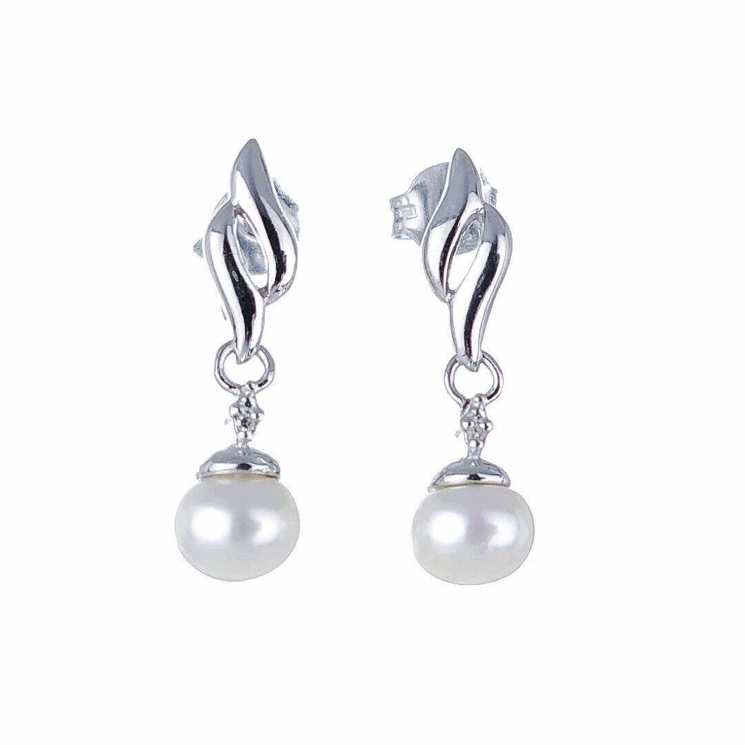 Pearl Diamond Earrings Dangle Stud Sterling Silver