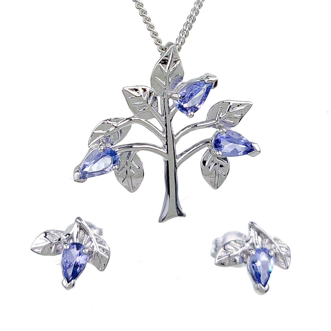 tanzanite necklace earring set 1ct pear blue tree of life leaves sterling silver designed in the UK