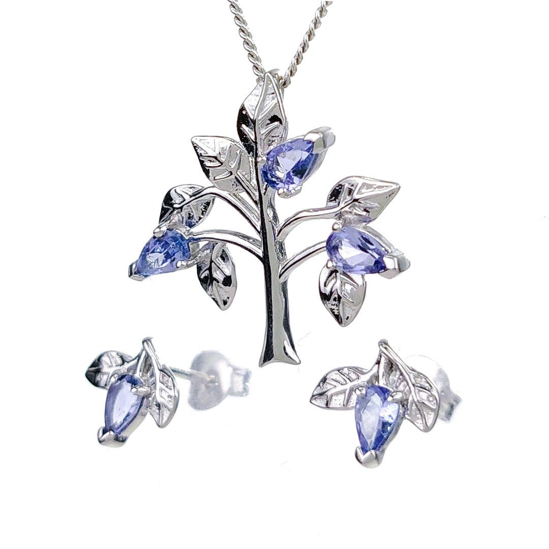 Tanzanite Necklace Earring Set 1ct Pear Blue Tree of Life Leaves Sterling Silver
