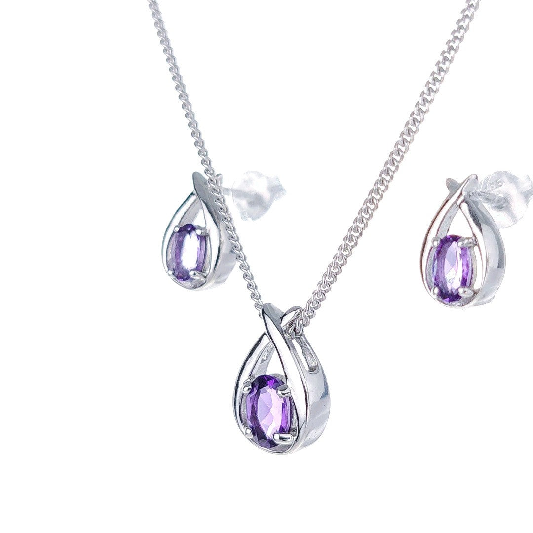 Amethyst Necklace Earring Set 0.75ct Pear Purple Twist Silver February Birthstone