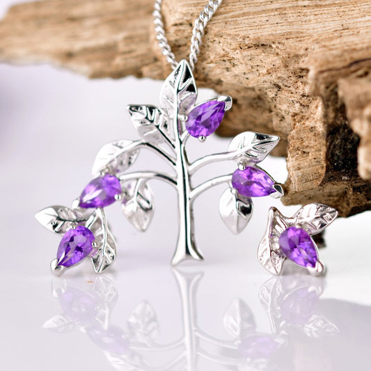 Amethyst Purple Tree of Life Leaves Necklace Earring Set