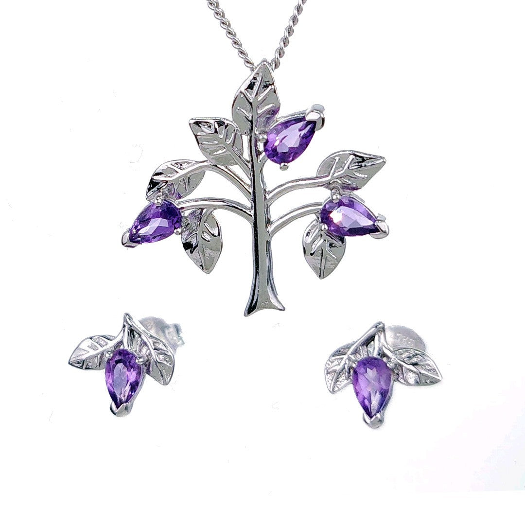 amethyst purple tree of life leaves necklace earring set designed in the UK