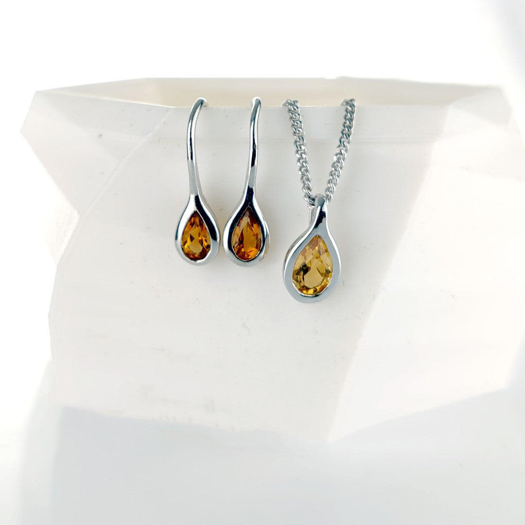 Citrine Necklace Earring Set 0.75ct Pear Yellow Pendant Sterling Silver
