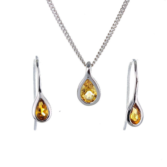 Citrine Necklace Earring Set 0.75ct Pear Yellow Pendant Sterling Silver