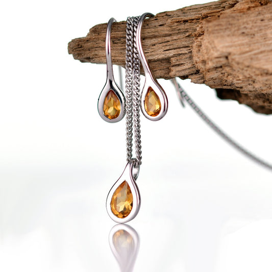 Citrine Necklace Earring Set 0.75ct Pear Yellow Pendant Sterling Silver