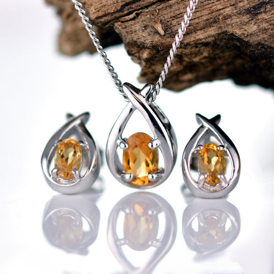 Citrine Necklace Earring Set 0.91ct Pear Yellow Twist Silver November Birthstone