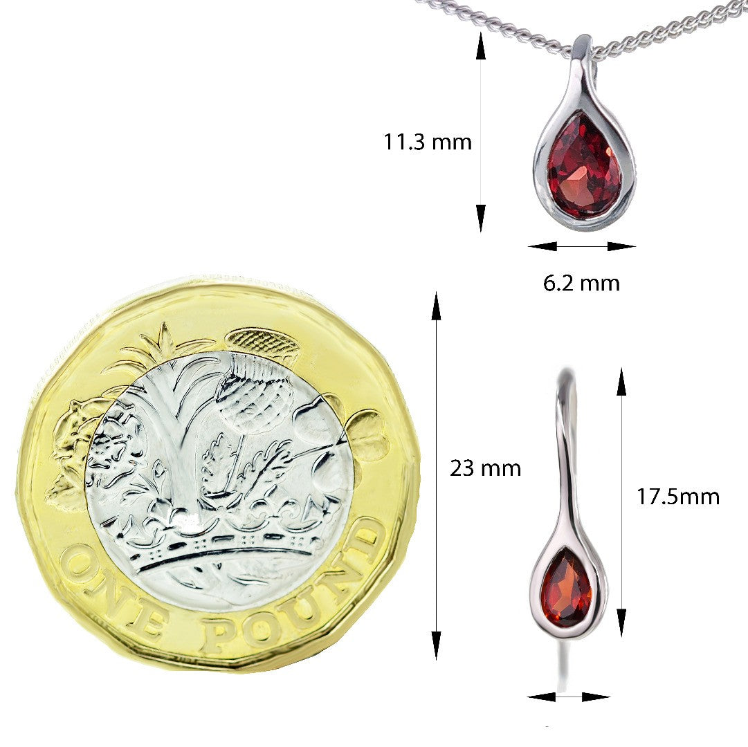 Garnet Necklace Earring Set 0.9ct PearRed Pendant Sterling Silver January Birthstone
