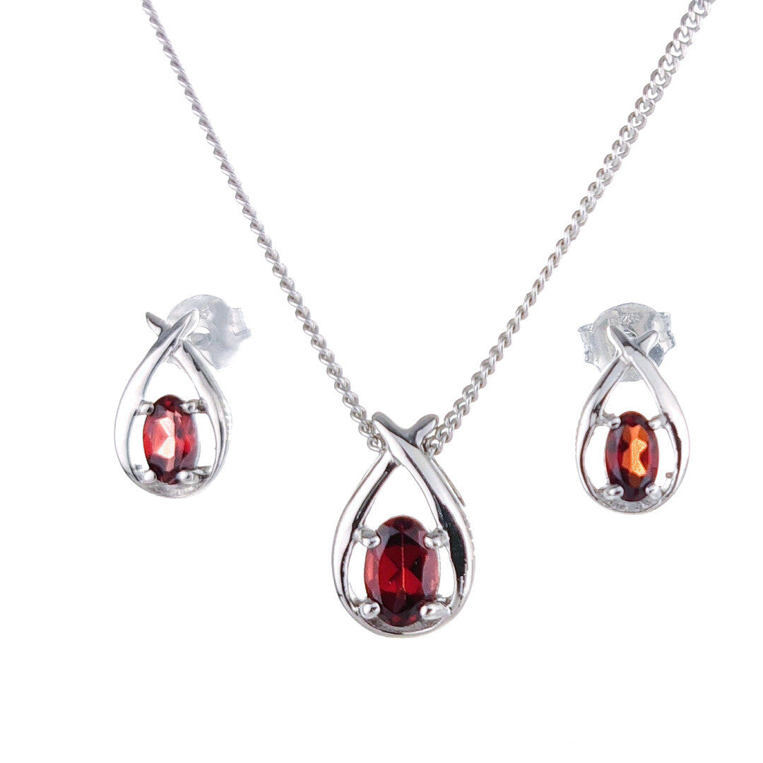 garnet necklace earring set 0.91ct pear red twist sterling silver january birthstone designed in the UK