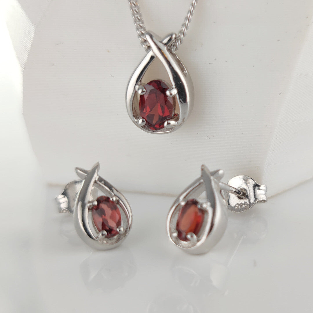 Garnet Necklace Earring Set 0.91ct Pear Red Twist Sterling Silver January Birthstone
