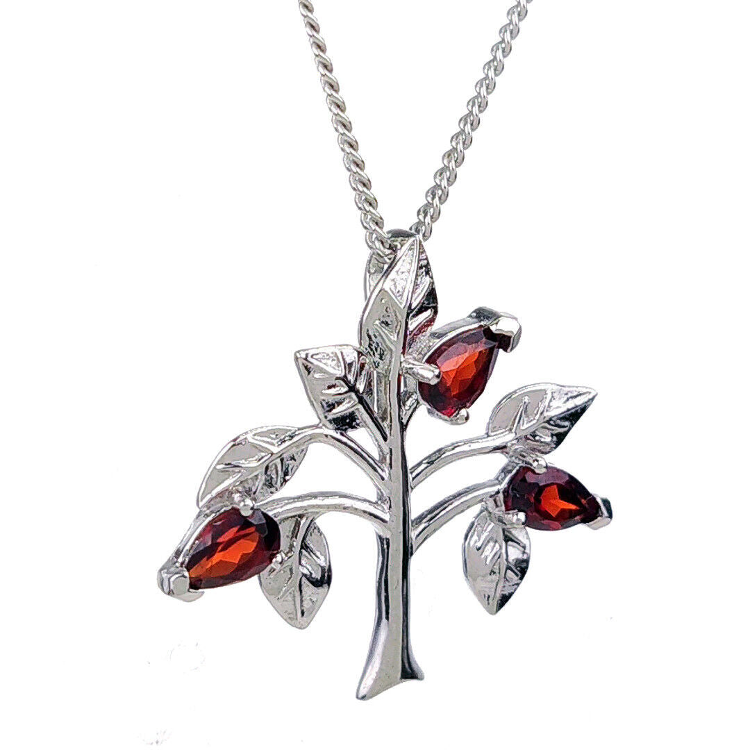 Garnet Necklace 0.75ct Pear Red Tree of Life Pendant Sterling Silver