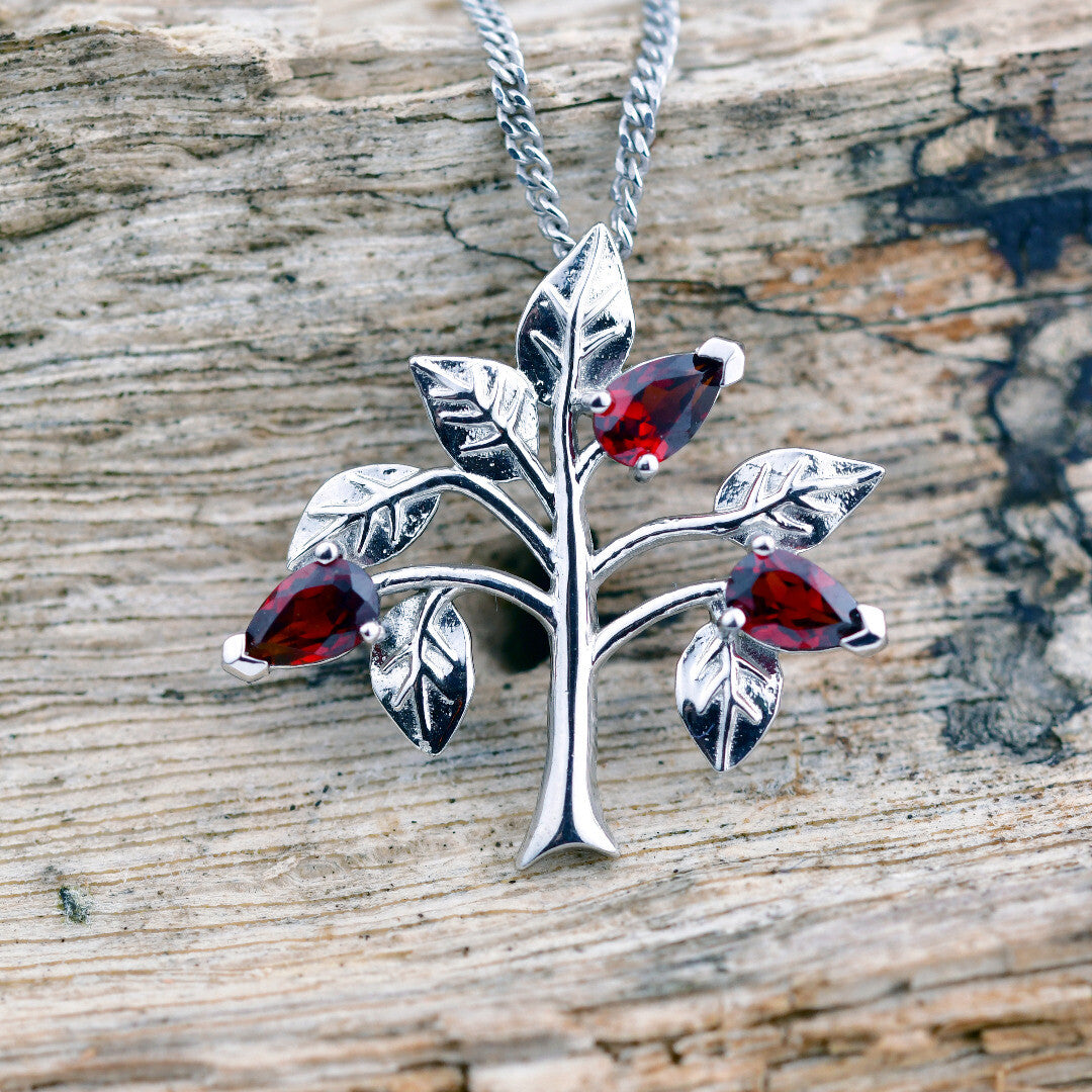 Garnet Necklace 0.75ct Pear Red Tree of Life Pendant Sterling Silver