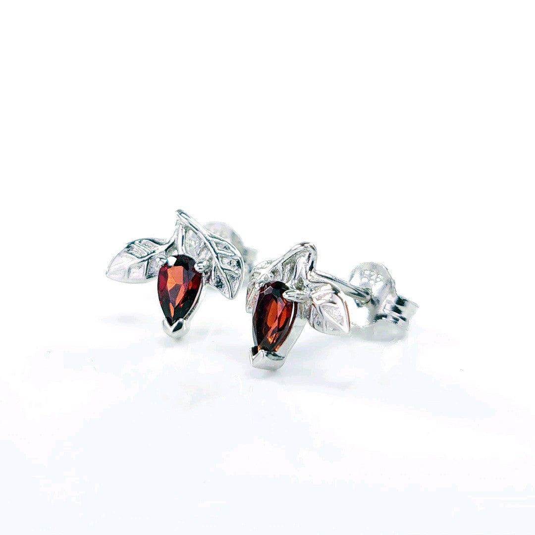 Garnet Earrings 0.5ct Pear Red Leaf Studs Sterling Silver